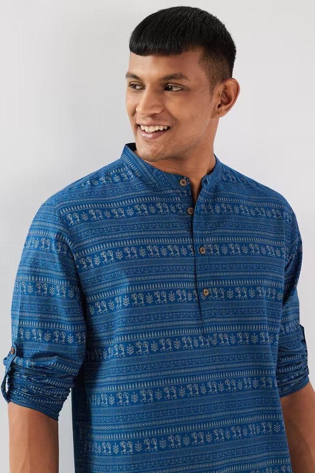Blue Printed Casual Wear Short Kurta