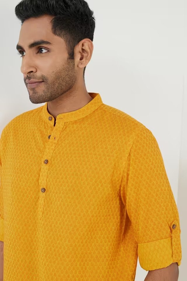 Yellow Color Collared Men's Festive Wear Kurta